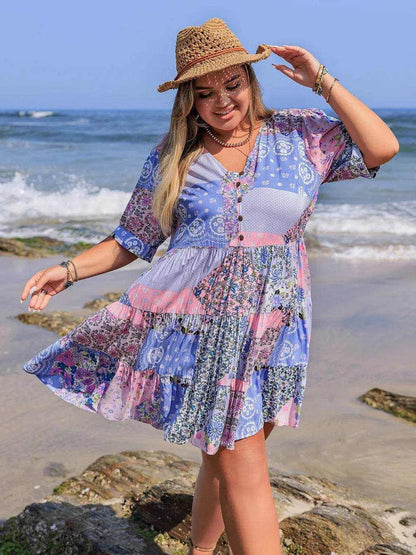 Plus Size Printed V-Neck Tiered Mini Dress - Purcell's Clothing Company