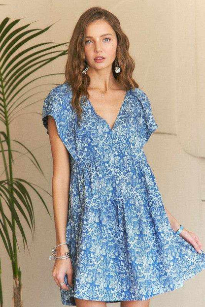 ADORA Printed V-Neck Ruffle Sleeve Mini Dress - Purcell's Clothing Company