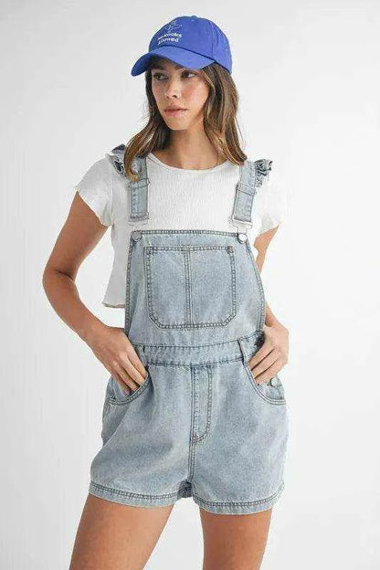 MABLE Square Neck Ruffle Shoulder Denim Overall Romper - Purcell's Clothing Company