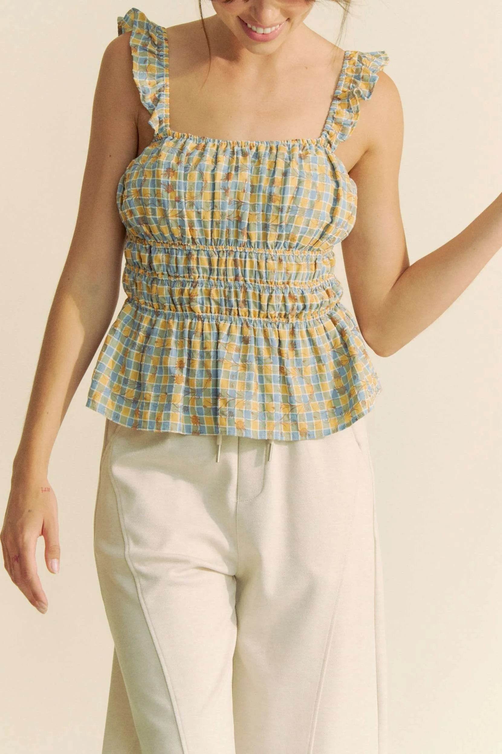 Davi & Dani Plaid Ruffled Strap Smocked Sleeveless Top - Purcell's Clothing Company