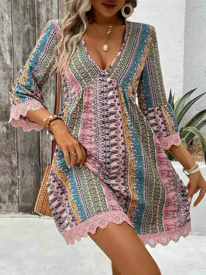 Lace Trim Printed V-Neck 3/4 Sleeve Dress - Purcell's Clothing Company