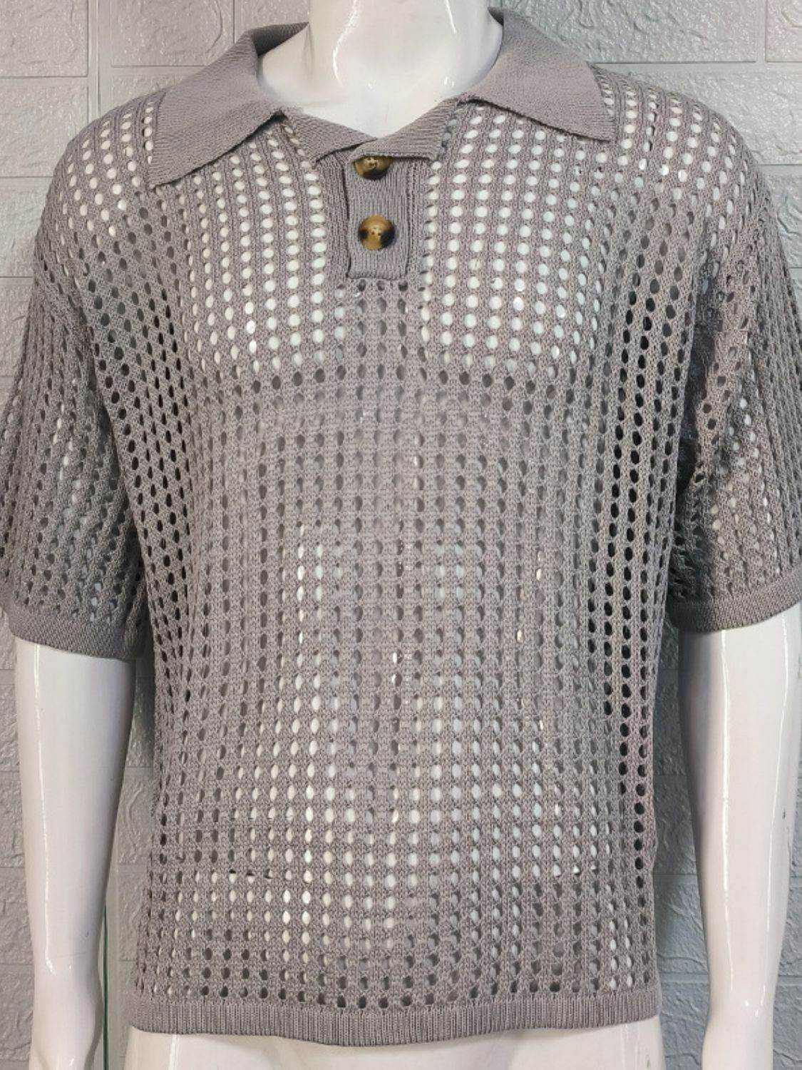 Men's Plus Size Openwork Collared Neck Quarter Button Knit Polo - Purcell's Clothing Company