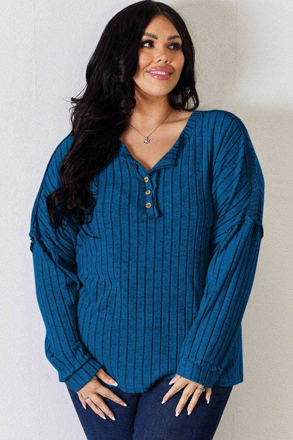 Basic Bae Full Size Ribbed Half Button Long Sleeve T-Shirt - Purcell's Clothing Company
