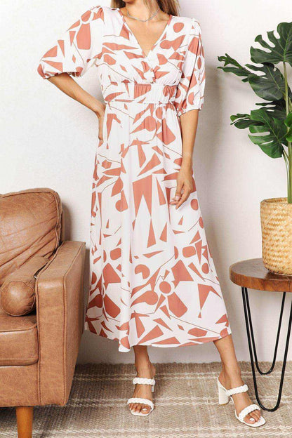 Printed Surplice Balloon Sleeve Dress - Purcell's Clothing Company