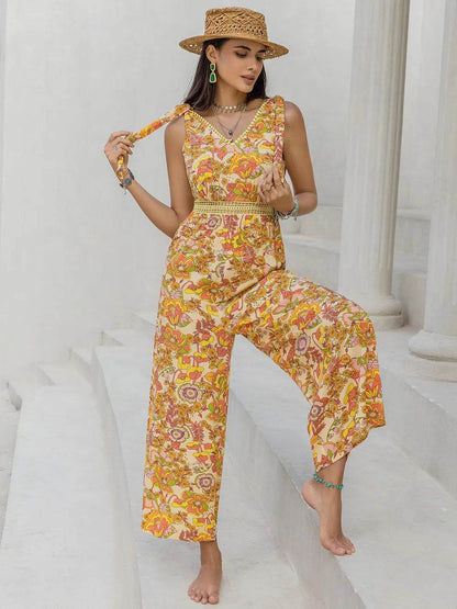 Printed V-Neck Tie Shoulder Jumpsuit - Purcell's Clothing Company