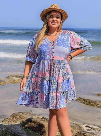 Plus Size Printed V-Neck Tiered Mini Dress - Purcell's Clothing Company