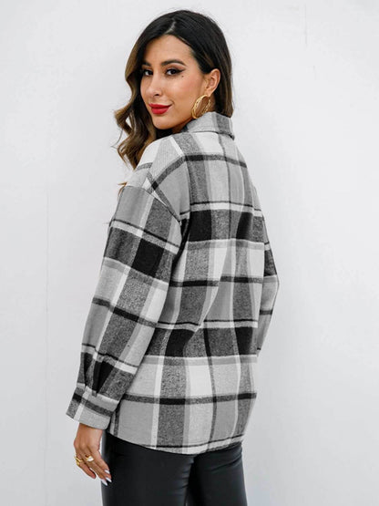 Shiny Plaid Button Up Collared Neck Jacket - Purcell's Clothing Company