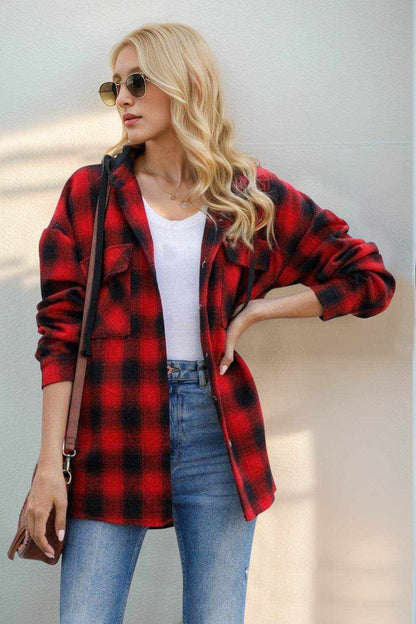 Double Take Drawstring Plaid Long Sleeve Hooded Shacket - Purcell's Clothing Company