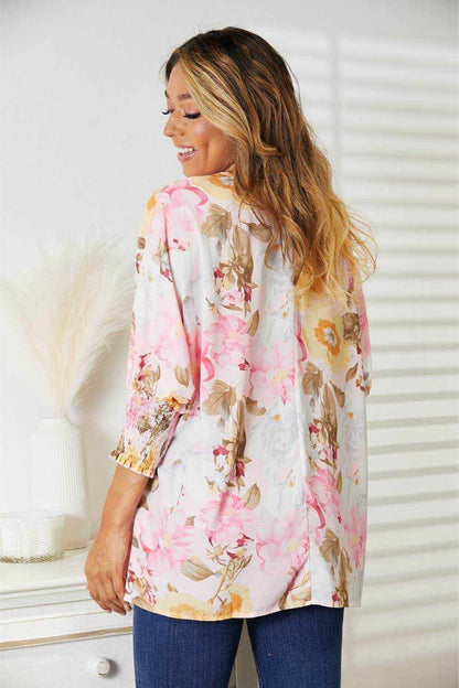 Double Take Floral Round Neck Three-Quarter Sleeve Top - Purcell's Clothing Company