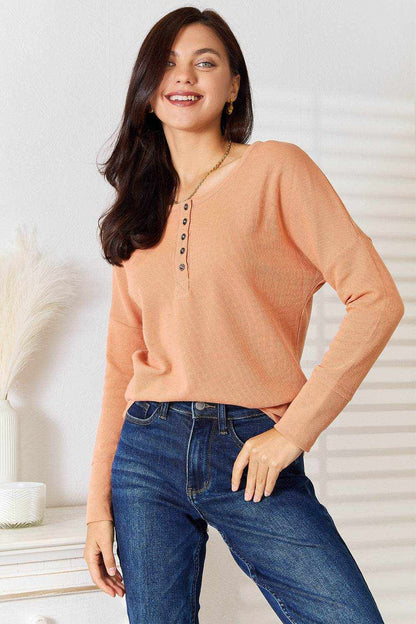 Basic Bae Half Button Long Sleeve Top - Purcell's Clothing Company