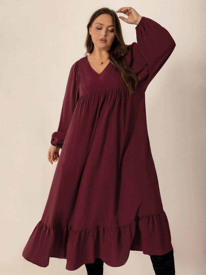 Plus Size Ruffled Hem V-Neck Balloon Sleeve Dress - Purcell's Clothing Company