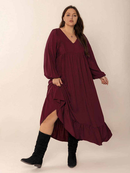 Plus Size Ruffled Hem V-Neck Balloon Sleeve Dress - Purcell's Clothing Company