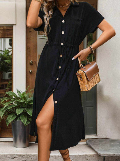 Perfee Slit Drawstring Button Up Short Sleeve Midi Dress - Purcell's Clothing Company