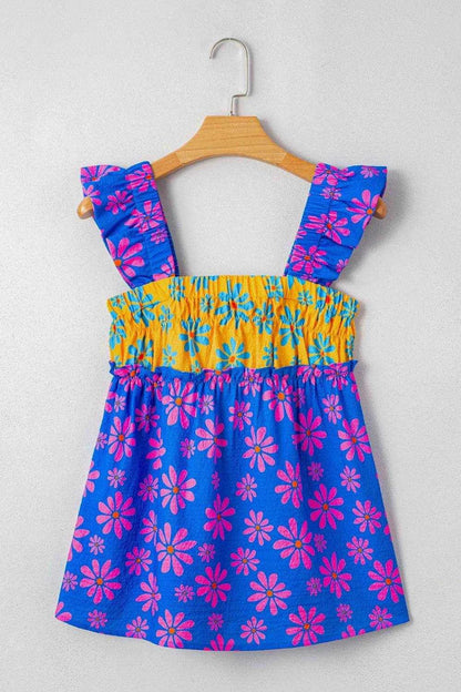 Floral Colorblock Flutter Straps Flowy Tank Top - Purcell's Clothing Company