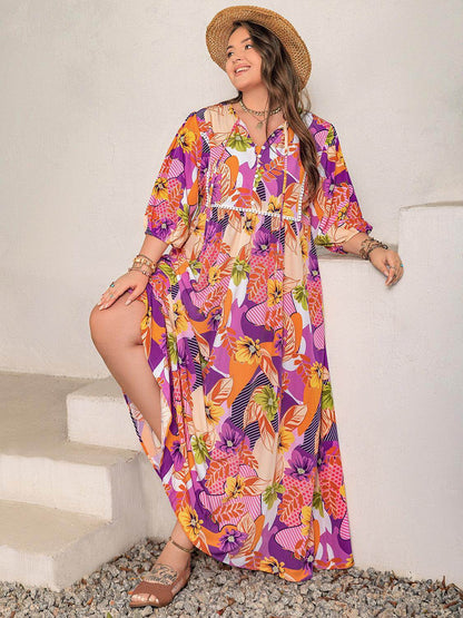 Plus Size Printed Tie Neck Maxi Dress - Purcell's Clothing Company
