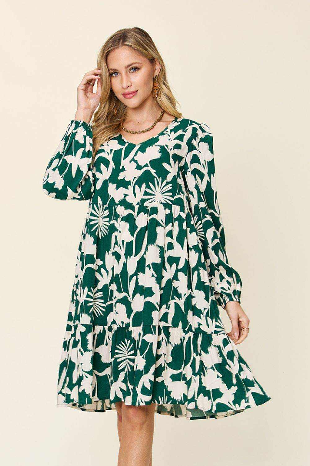 Double Take Full Size Printed Ruffle Hem Dress with Pocket - Purcell's Clothing Company