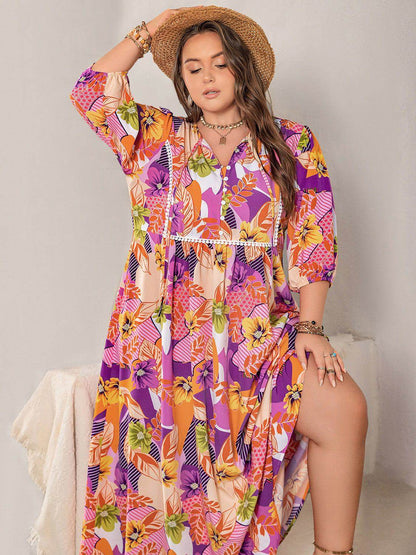 Plus Size Printed Tie Neck Maxi Dress - Purcell's Clothing Company