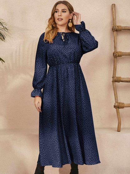 Honey Plus Size Ruffled Polka Dot Long Sleeve Midi Dress - Purcell's Clothing Company