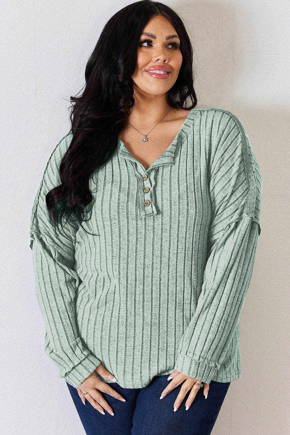 Basic Bae Full Size Ribbed Half Button Long Sleeve T-Shirt - Purcell's Clothing Company