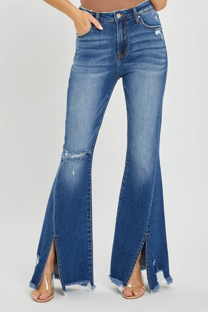 High rise full size jeans with front slit, frayed hem, and flare design