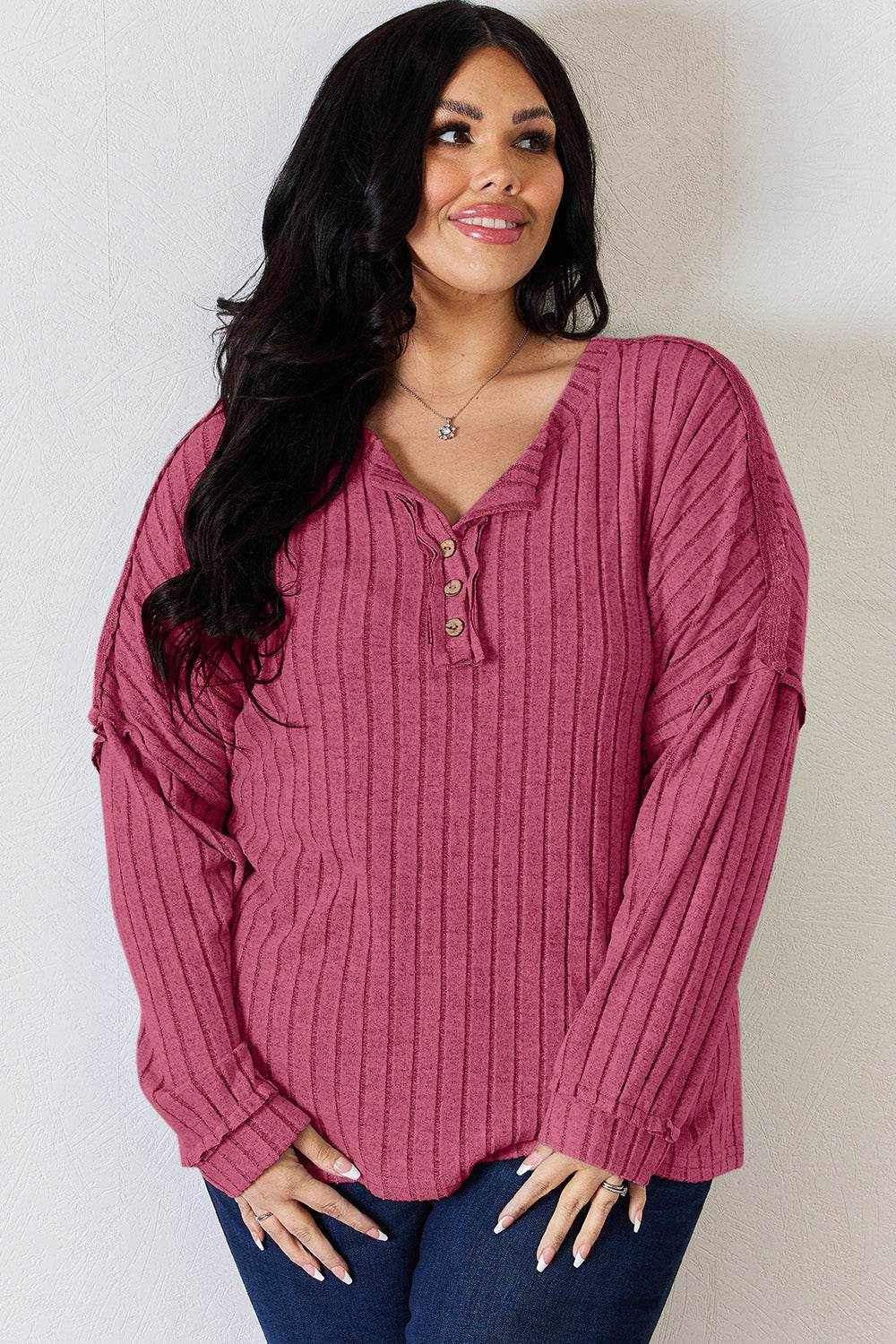 Basic Bae Full Size Ribbed Half Button Long Sleeve T-Shirt - Purcell's Clothing Company