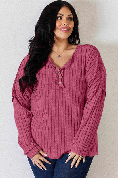 Basic Bae Full Size Ribbed Half Button Long Sleeve T-Shirt - Purcell's Clothing Company