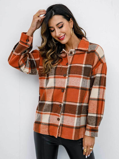 Shiny Plaid Button Up Collared Neck Jacket - Purcell's Clothing Company
