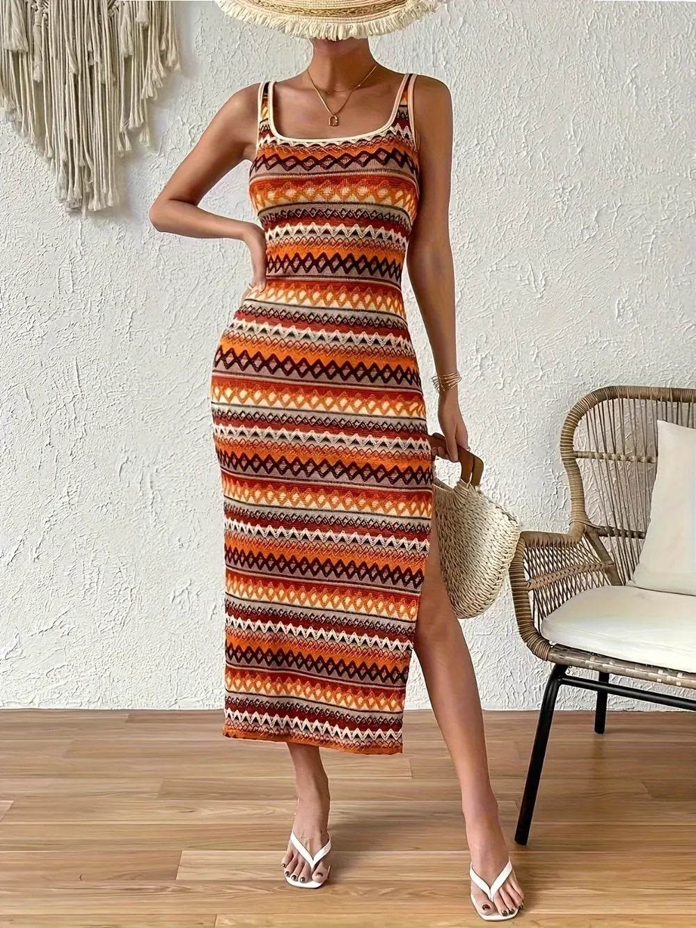 Full Size Slit Square Neck Wide Strap Midi Dress - Purcell's Clothing Company