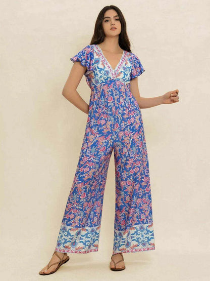 Printed V-Neck Wide Leg Jumpsuit - Purcell's Clothing Company