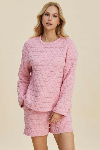 Double Take Full Size Texture Round Neck Long Sleeve Top and Shorts Set - Purcell's Clothing Company