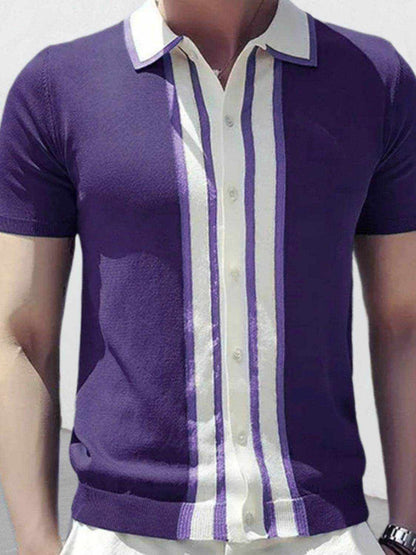 Men's collared neck striped contrast knit polo shirt in purple with white stripes and moderate stretch