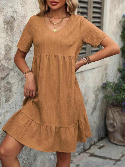 Ivy Lane V-Neck short sleeve mini dress in brown, basic style, 100% polyester, opaque, no stretch, casual summer wear