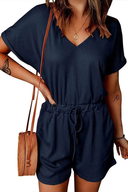 Full Size Drawstring V-Neck Short Sleeve Romper - Purcell's Clothing Company