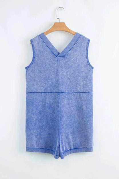 Mineral Wash Pocketed Sleeveless V Neck Loose Romper - Purcell's Clothing Company