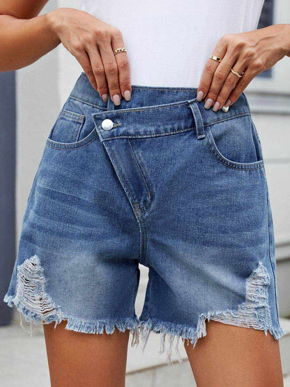 Distressed Raw Hem Asymmetrical Waist Denim Shorts - Purcell's Clothing Company