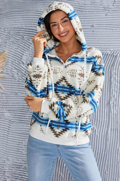 Shiny Geometric Half Zip Drawstring Long Sleeve Hoodie - Purcell's Clothing Company