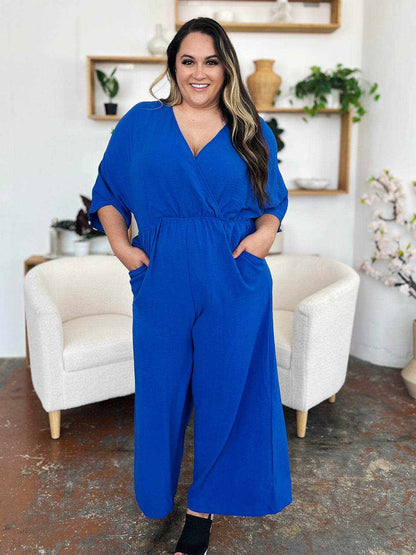 Double Take Full Size Surplice Wide Leg Jumpsuit with Pockets - Purcell's Clothing Company
