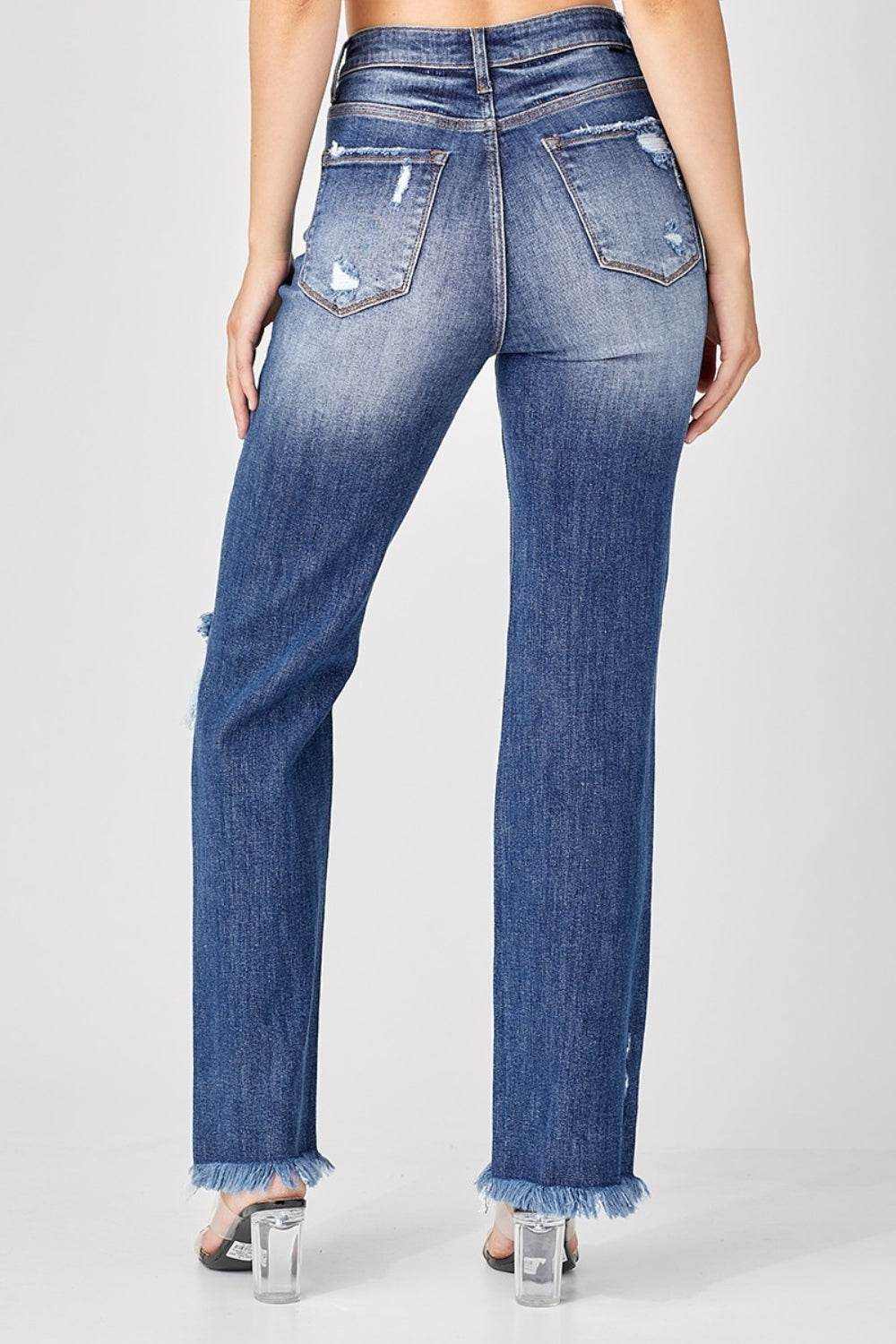 Risen Full Size Raw Hem Distressed Straight Jeans - Purcell's Clothing Company