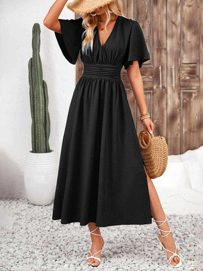 Side Slit Surplice Flutter Sleeve Midi Dress - Purcell's Clothing Company