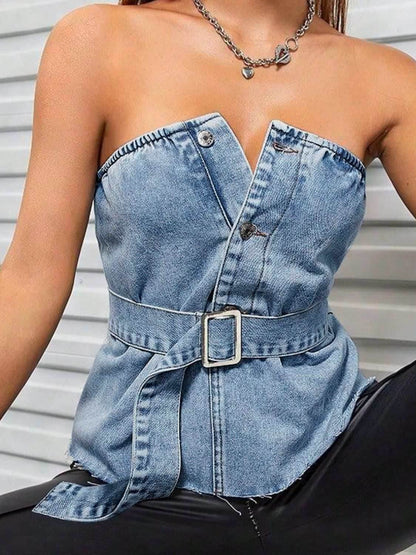 Frayed Hem Button Detail Tube Top - Purcell's Clothing Company