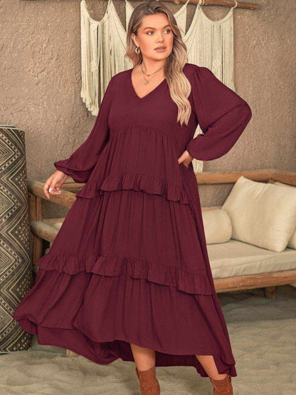 Plus Size Ruffled V-Neck Long Sleeve Dress - Purcell's Clothing Company