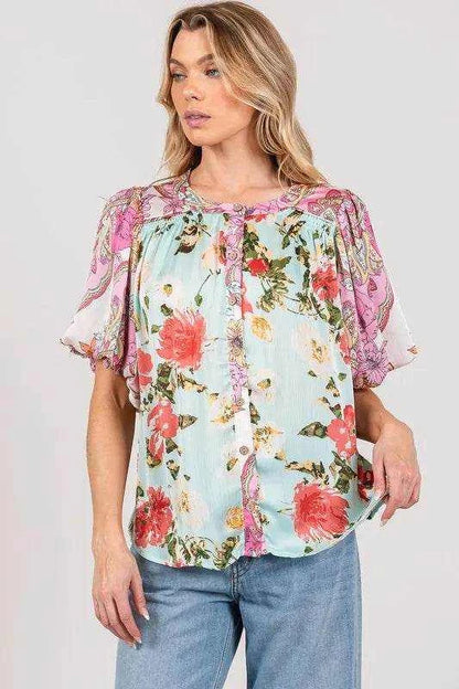 SAGE+FIG Plus Size Floral Mineral Wash French Terry Button Up Shirt - Purcell's Clothing Company
