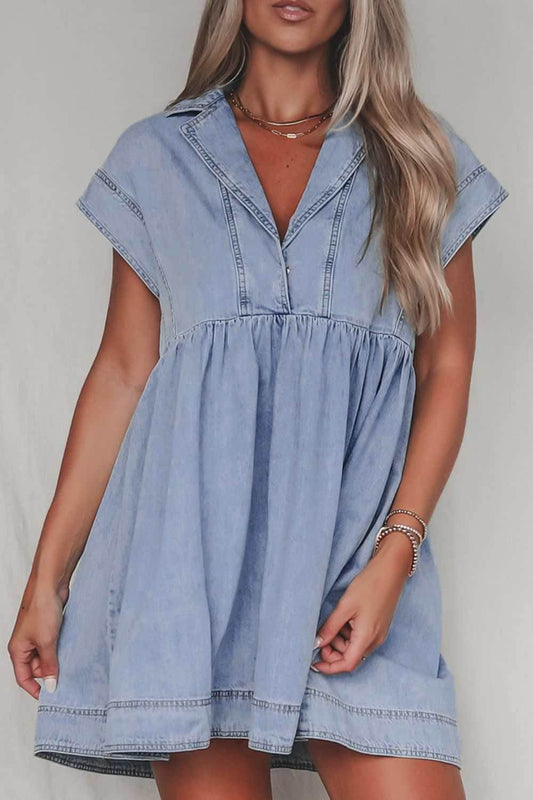 Lapel Neck Cap Sleeve Denim Babydoll Dress - Purcell's Clothing Company