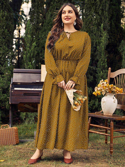 Honey Plus Size Ruffled Polka Dot Long Sleeve Midi Dress - Purcell's Clothing Company