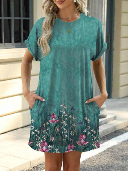 Printed Round Neck Short Sleeve Mini Dress - Purcell's Clothing Company