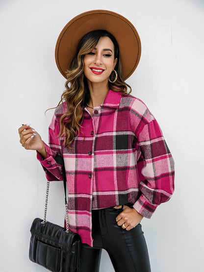 Shiny Plaid Button Up Collared Neck Jacket - Purcell's Clothing Company