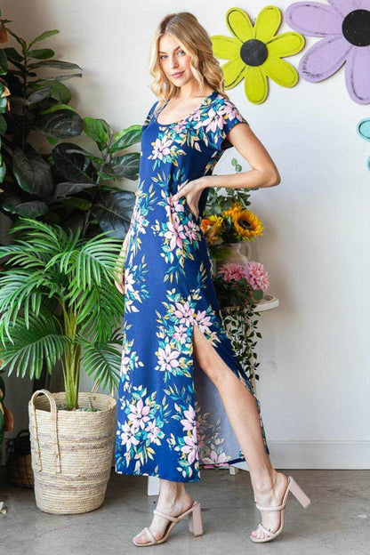 Heimish Full Size Floral Short Sleeve Slit Dress - Purcell's Clothing Company