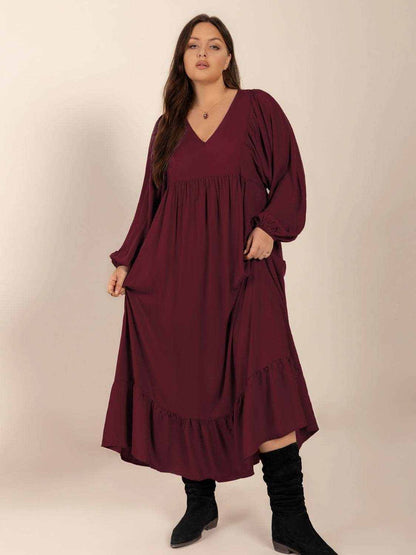 Plus Size Ruffled Hem V-Neck Balloon Sleeve Dress - Purcell's Clothing Company