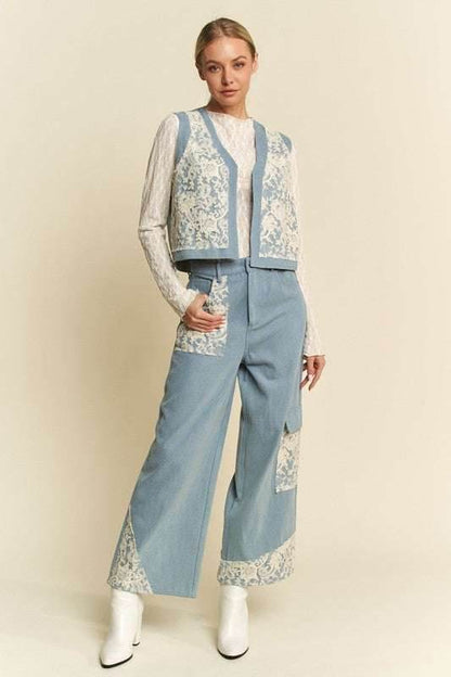 Davi & Dani Lace Patch Open Front Denim Vest - Purcell's Clothing Company