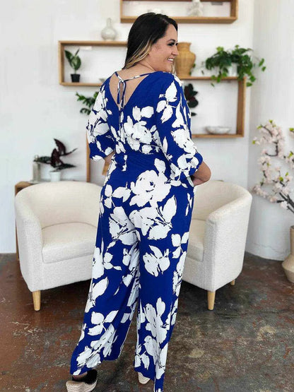 Double Take Full Size Printed Tie Back Wide Leg Jumpsuit - Purcell's Clothing Company